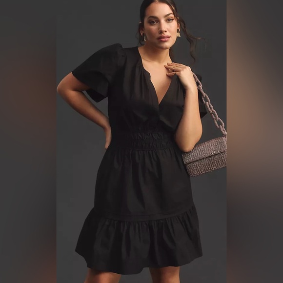 Anthropologie Black Mini Dress The Somerset Smocked Waist Tiered Boho XS  Petite